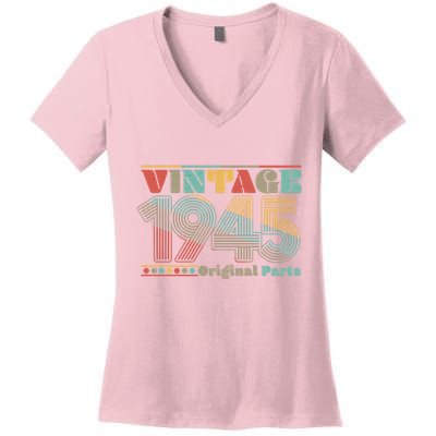 Retro 60s 70s Style Vintage 1945 Original Parts 80th Birthday Women's V-Neck T-Shirt