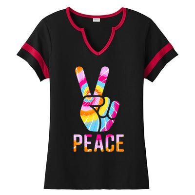 Retro 60’S 70’S Tie Dye Peace V Hand Sign Hippie Graphic Ladies Halftime Notch Neck Tee