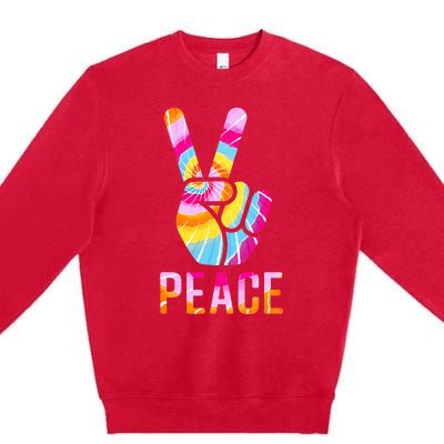 Retro 60’S 70’S Tie Dye Peace V Hand Sign Hippie Graphic Premium Crewneck Sweatshirt