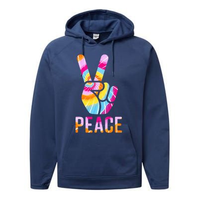 Retro 60’S 70’S Tie Dye Peace V Hand Sign Hippie Graphic Performance Fleece Hoodie