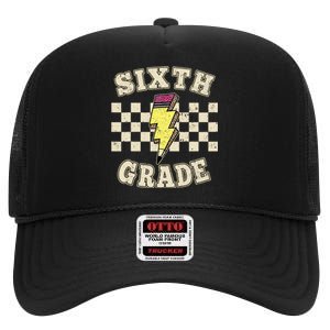 Retro 6th Sixth Grade Teacher Lightning Bolt Pencil Teacher High Crown Mesh Back Trucker Hat