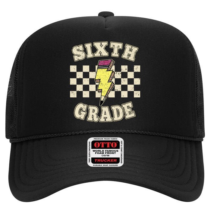 Retro 6th Sixth Grade Teacher Lightning Bolt Pencil Teacher High Crown Mesh Back Trucker Hat