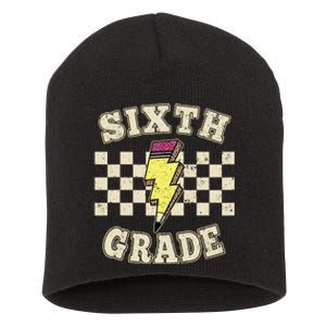 Retro 6th Sixth Grade Teacher Lightning Bolt Pencil Teacher Short Acrylic Beanie