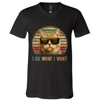 Retro 70s 80s 90s Meowy Cat I Do What I Want Funny Cat V-Neck T-Shirt