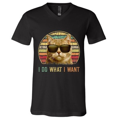 Retro 70s 80s 90s Meowy Cat I Do What I Want Funny Cat V-Neck T-Shirt