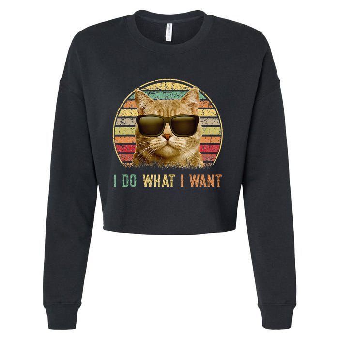 Retro 70s 80s 90s Meowy Cat I Do What I Want Funny Cat Cropped Pullover Crew