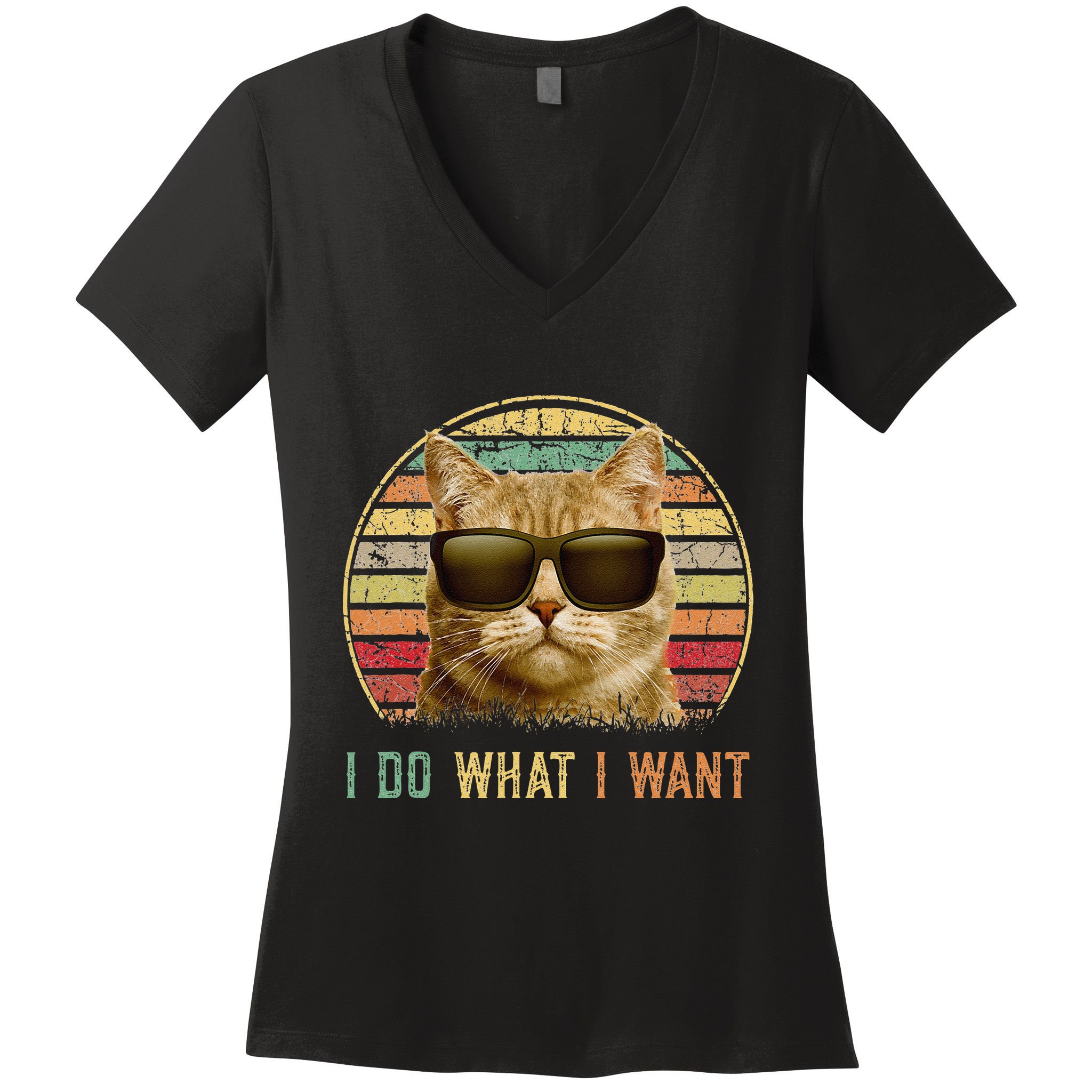 Retro 70s 80s 90s Meowy Cat I Do What I Want Funny Cat Women's V-Neck T-Shirt
