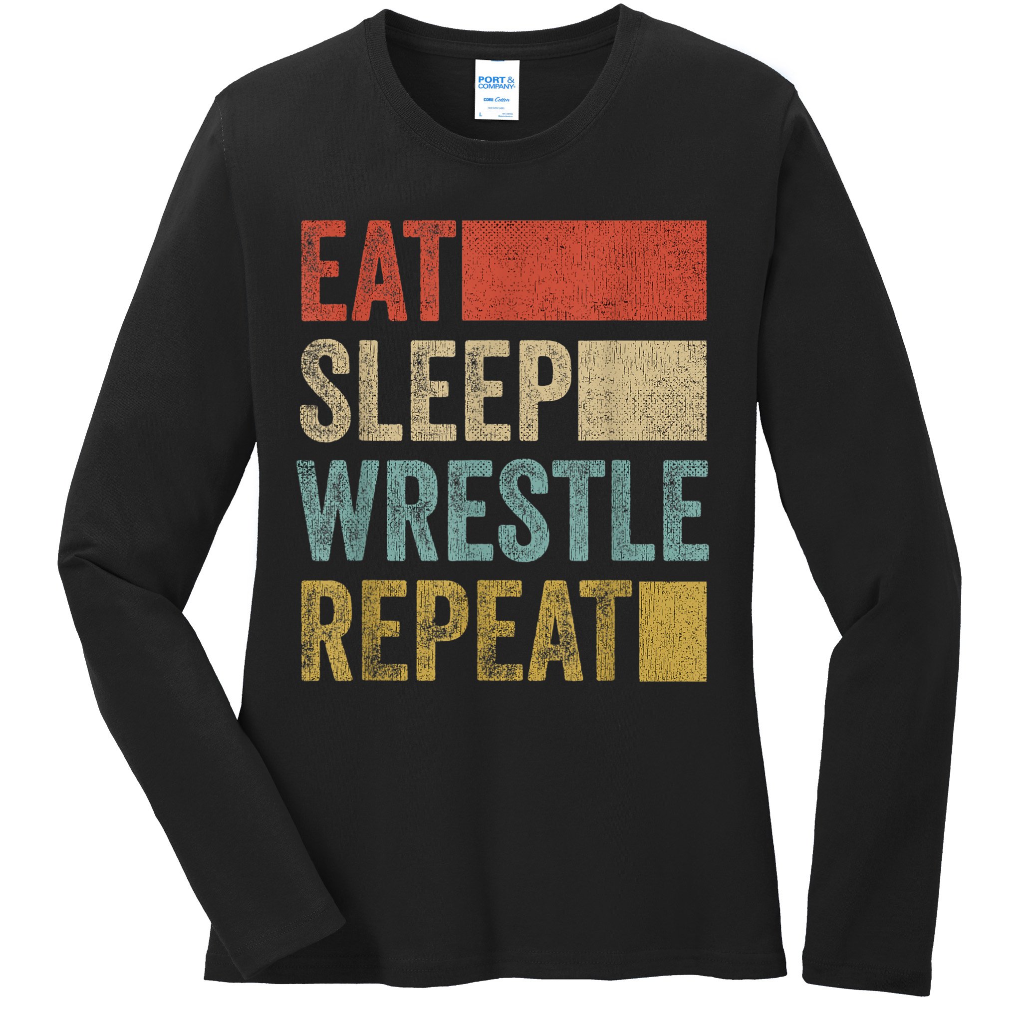 Retro 70s 80s Eat Sleep Wrestle Gear Vintage Wrestling Ladies Long Sleeve Shirt
