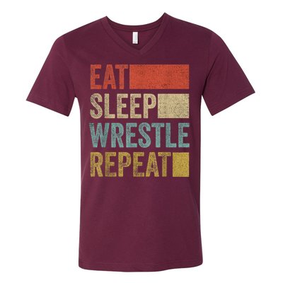 Retro 70s 80s Eat Sleep Wrestle Gear Vintage Wrestling V-Neck T-Shirt