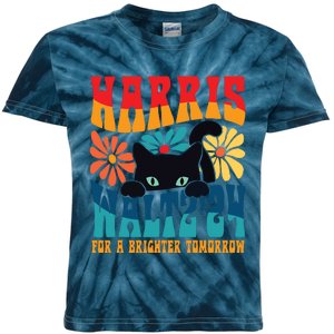 Retro 70s Cat Lady Harris Walz 2024 For A Brighter Tomorrow Kids Tie-Dye T-Shirt