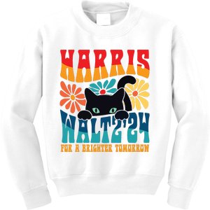 Retro 70s Cat Lady Harris Walz 2024 For A Brighter Tomorrow Kids Sweatshirt