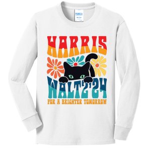 Retro 70s Cat Lady Harris Walz 2024 For A Brighter Tomorrow Kids Long Sleeve Shirt