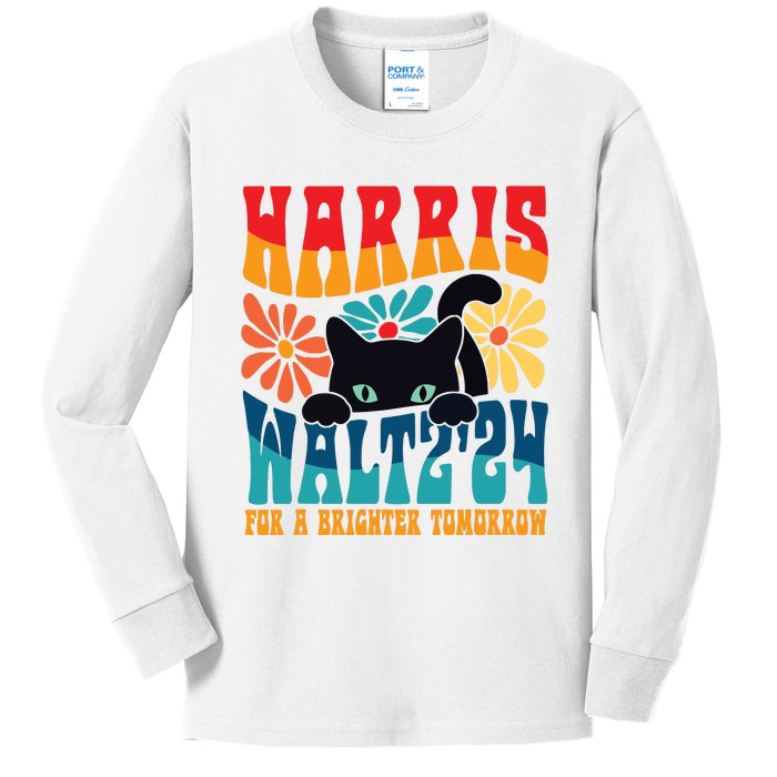 Retro 70s Cat Lady Harris Walz 2024 For A Brighter Tomorrow Kids Long Sleeve Shirt