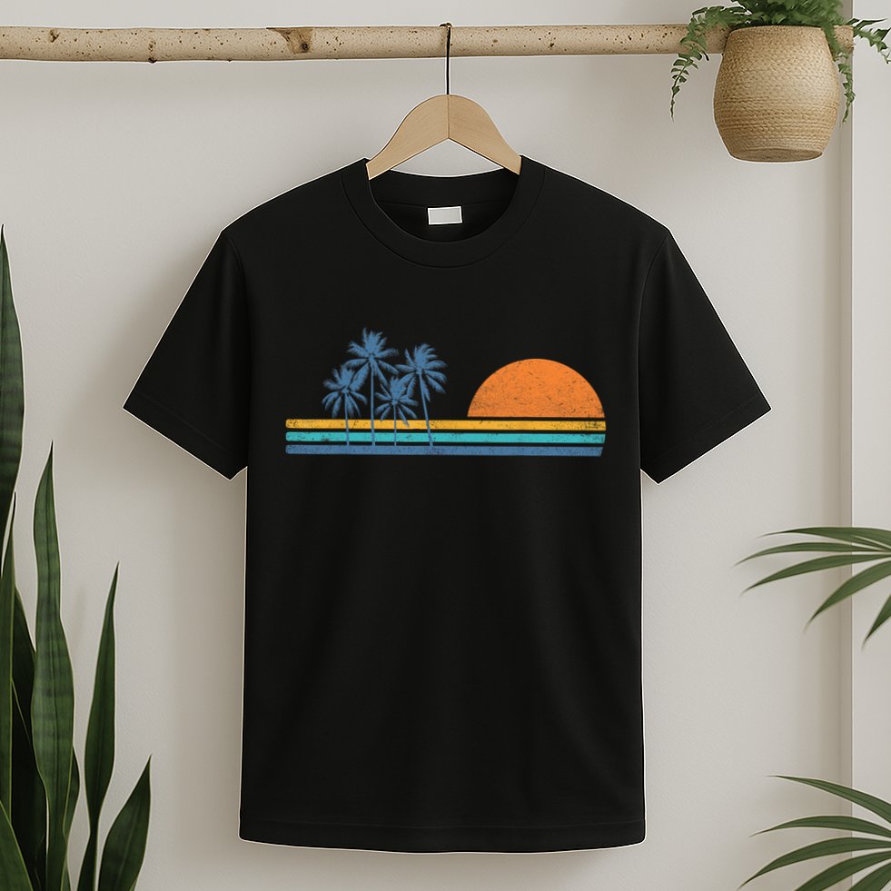 Retro 70s Sunset Palm Trees Vintage Tropical Beach Graphic  T-Shirt