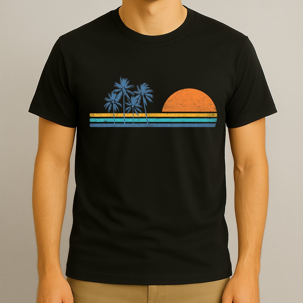 Retro 70s Sunset Palm Trees Vintage Tropical Beach Graphic  T-Shirt