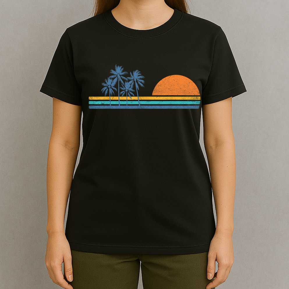 Retro 70s Sunset Palm Trees Vintage Tropical Beach Graphic  T-Shirt
