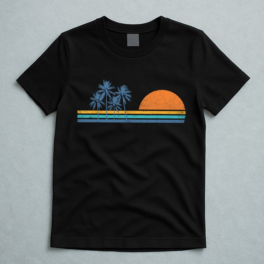 Retro 70s Sunset Palm Trees Vintage Tropical Beach Graphic  T-Shirt
