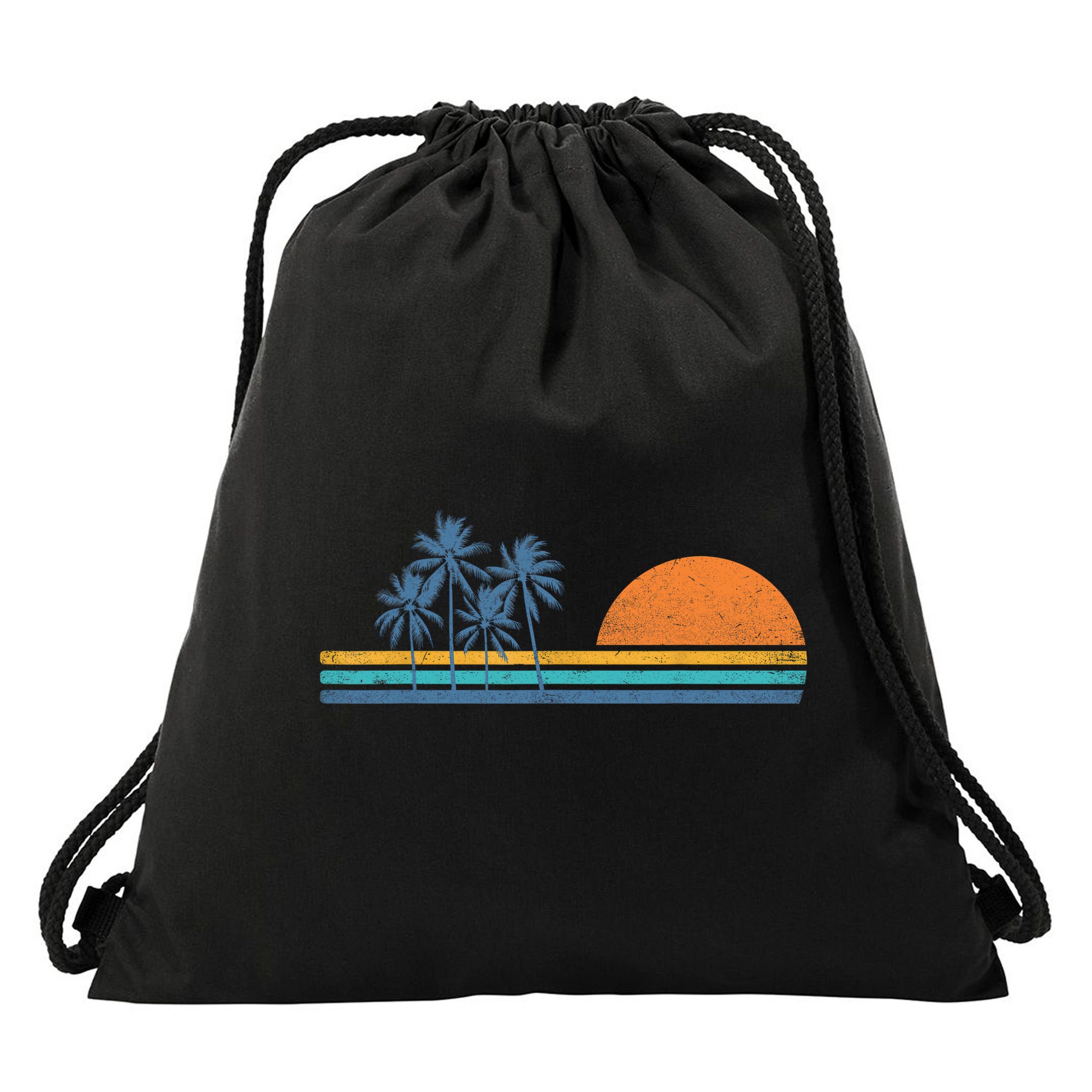 Retro 70s Sunset Palm Trees Vintage Tropical Beach Graphic  Drawstring Bag