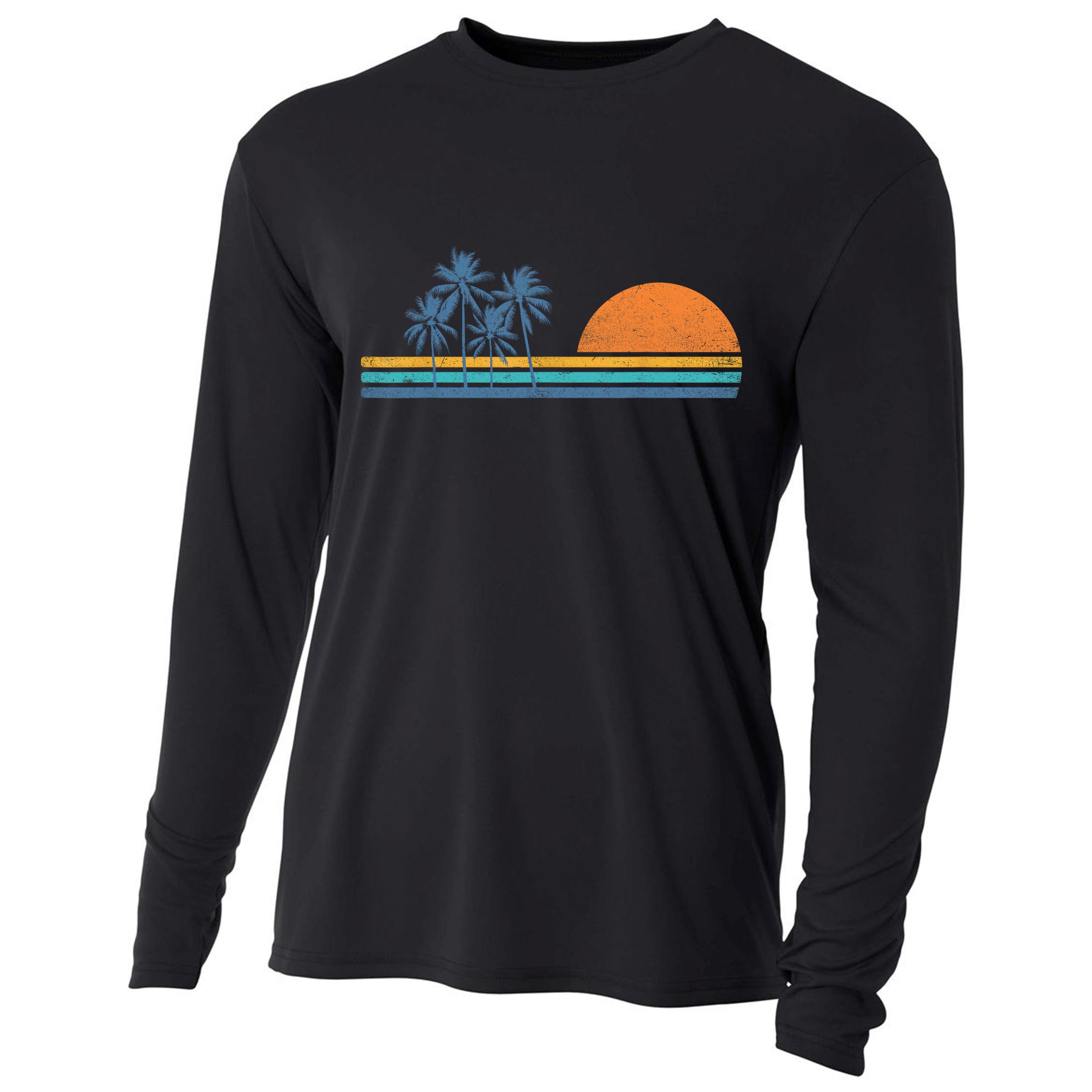 Retro 70s Sunset Palm Trees Vintage Tropical Beach Graphic  Cooling Performance Long Sleeve Crew