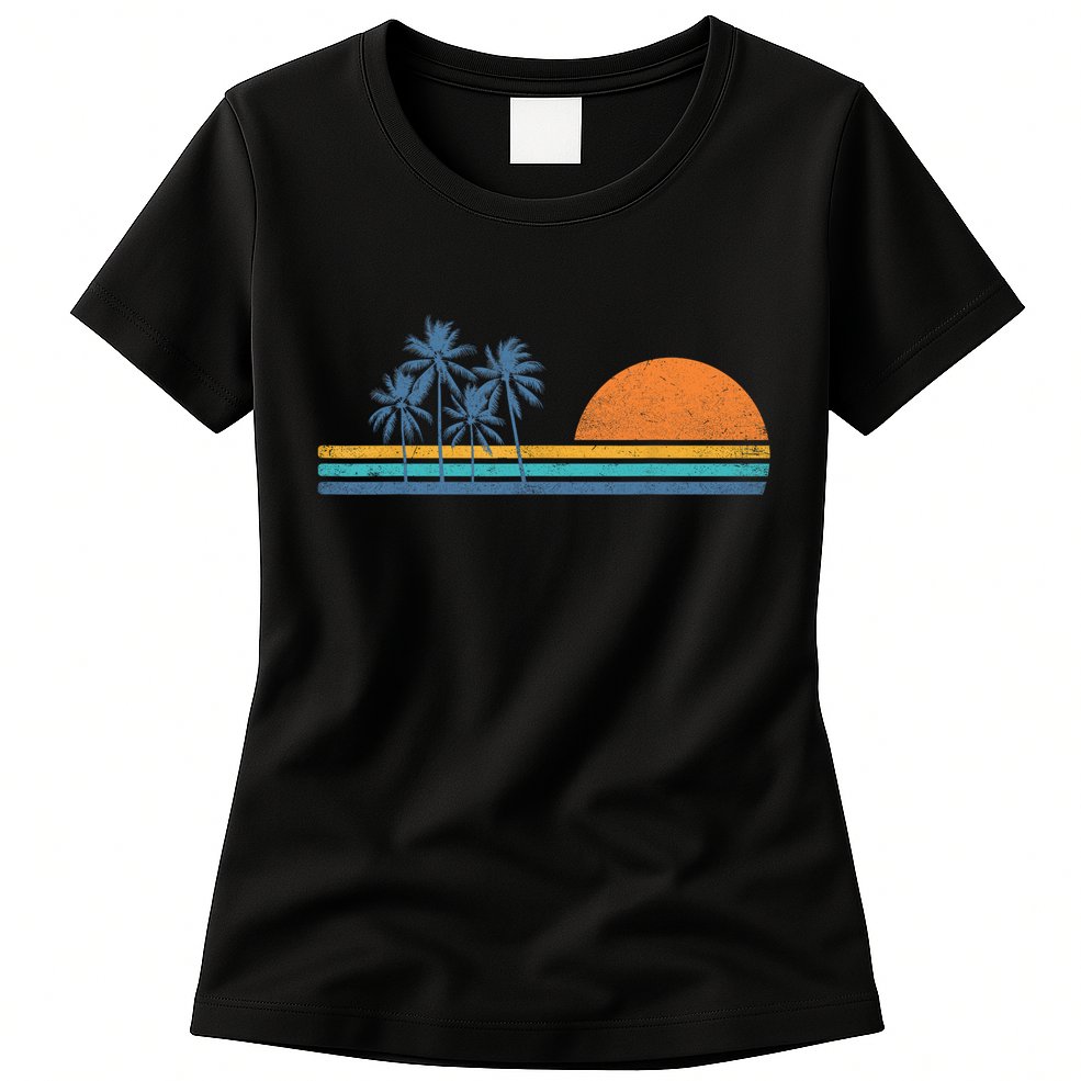 Retro 70s Sunset Palm Trees Vintage Tropical Beach Graphic  Womens T-Shirt