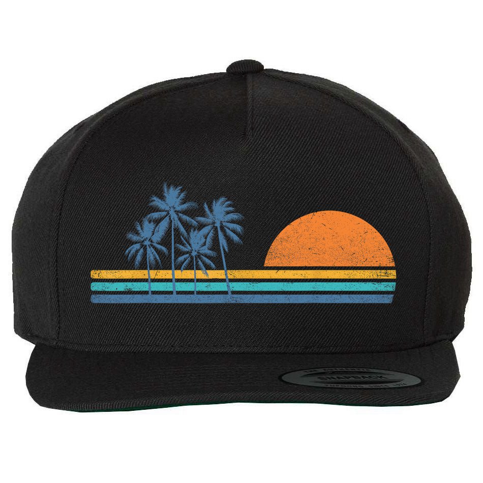 Retro 70s Sunset Palm Trees Vintage Tropical Beach Graphic  Wool Snapback Cap