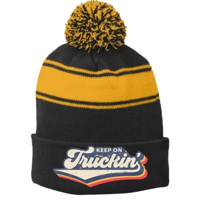 Retro 70s Vintage Keep on Truckin Stripe Pom Pom Beanie