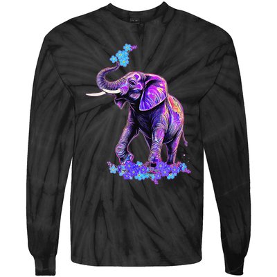 Retro 80s 90s synthwave Forget me not Elephant Trunk up Tie-Dye Long Sleeve Shirt