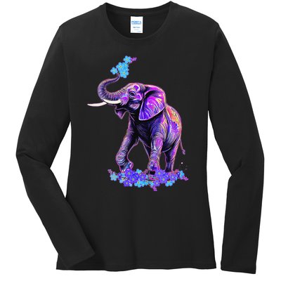 Retro 80s 90s synthwave Forget me not Elephant Trunk up Ladies Long Sleeve Shirt