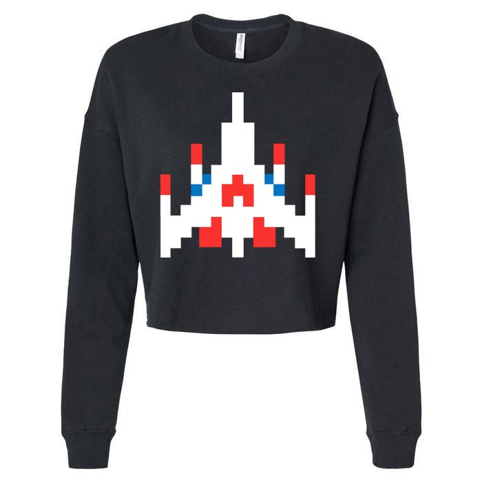 Retro 80's Computer Game Space Ship Cropped Pullover Crew