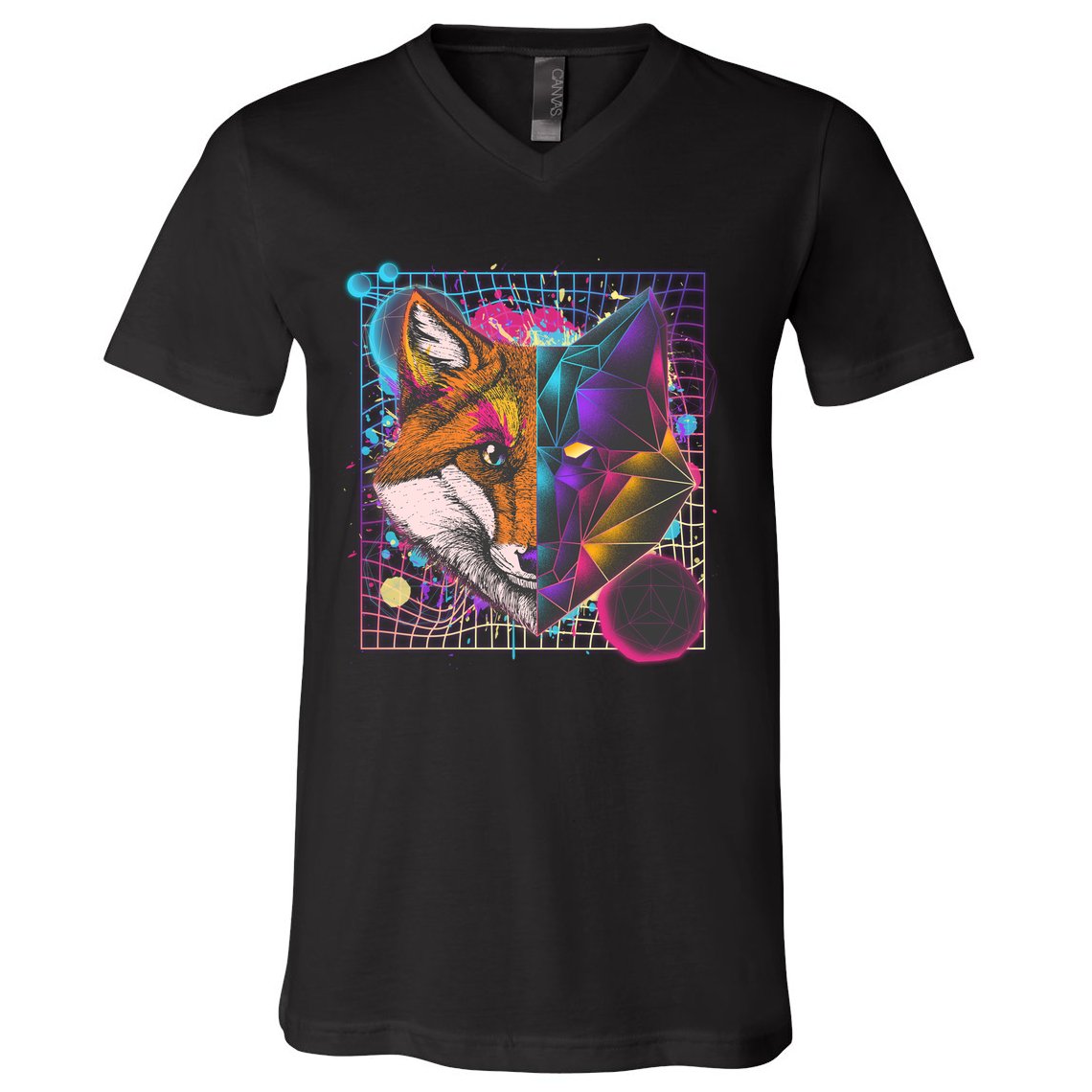 Retro 80's Digital Polygon Fox V-Neck T-Shirt
