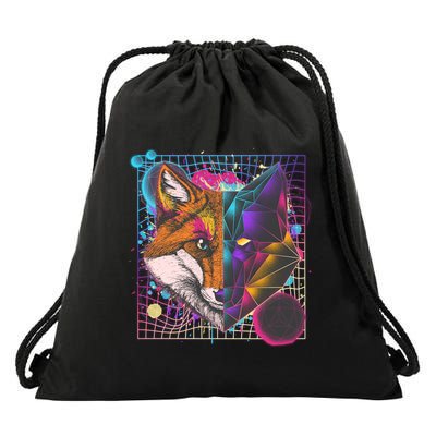 Retro 80's Digital Polygon Fox Drawstring Bag