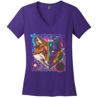 Retro 80's Digital Polygon Fox Women's V-Neck T-Shirt