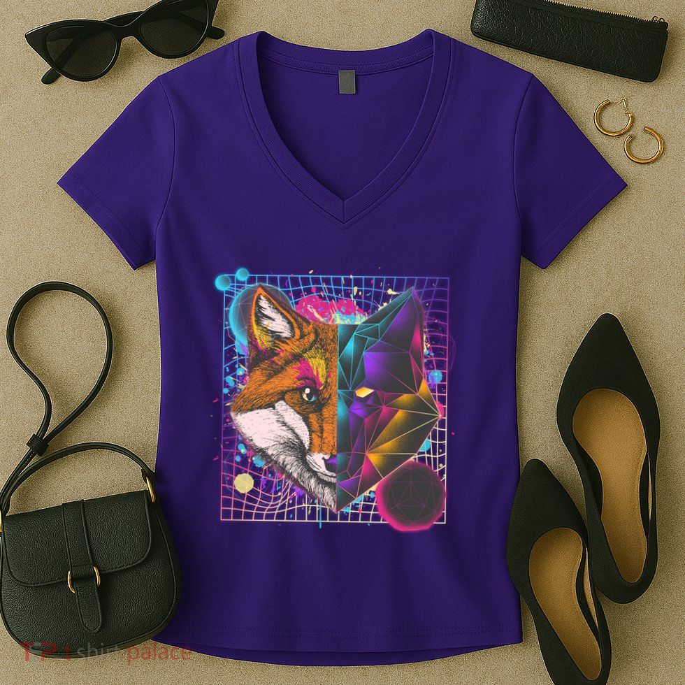 Retro 80's Digital Polygon Fox Women's V-Neck T-Shirt