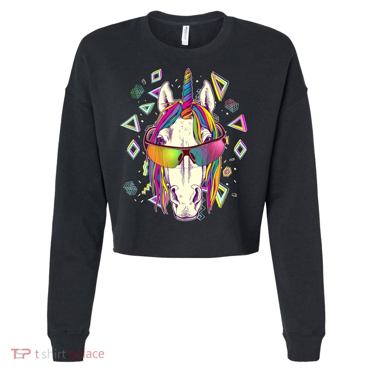 Retro 80's Eighties Rainbow Unicorn Cropped Pullover Crew