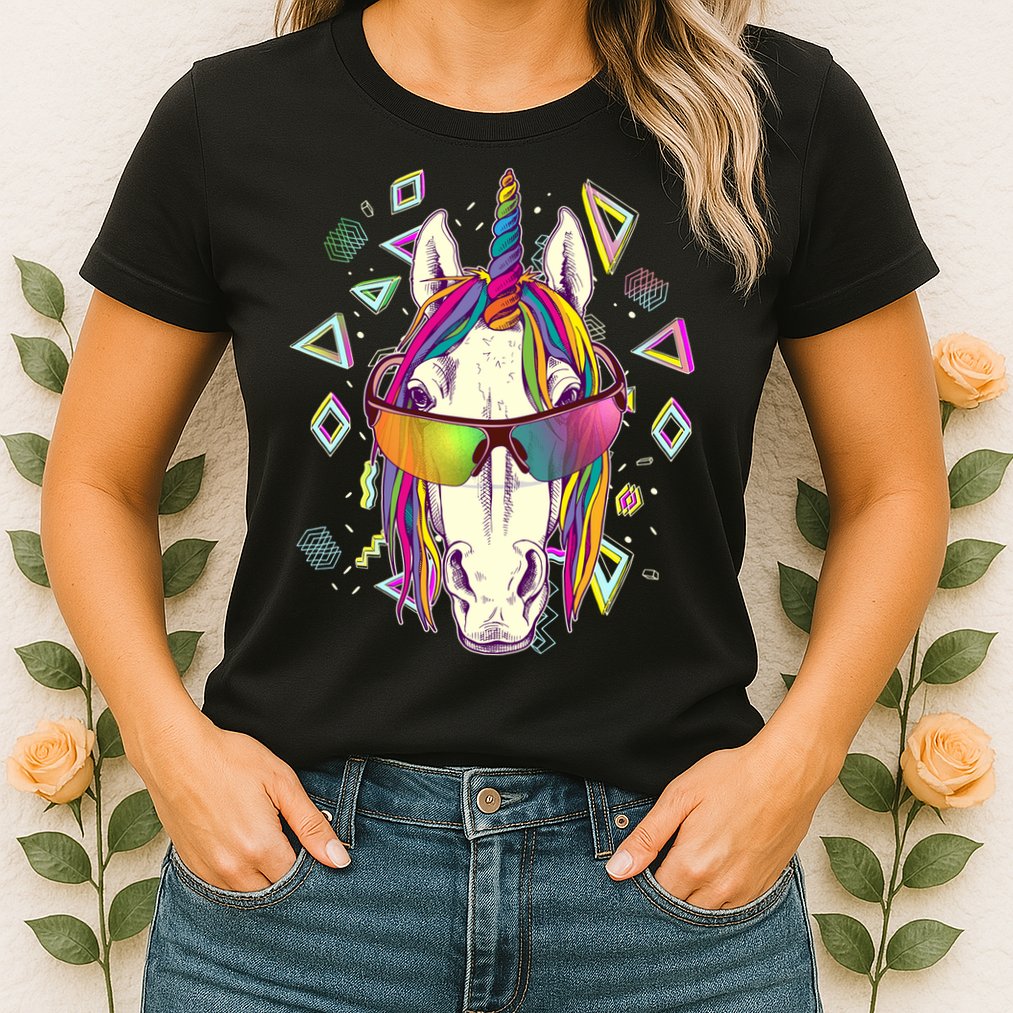 Retro 80's Eighties Rainbow Unicorn Womens T-Shirt