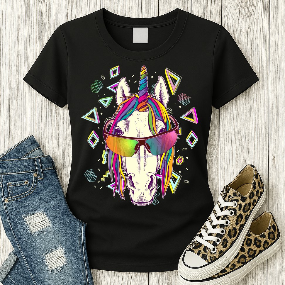 Retro 80's Eighties Rainbow Unicorn Womens T-Shirt