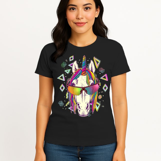 Retro 80's Eighties Rainbow Unicorn Womens T-Shirt