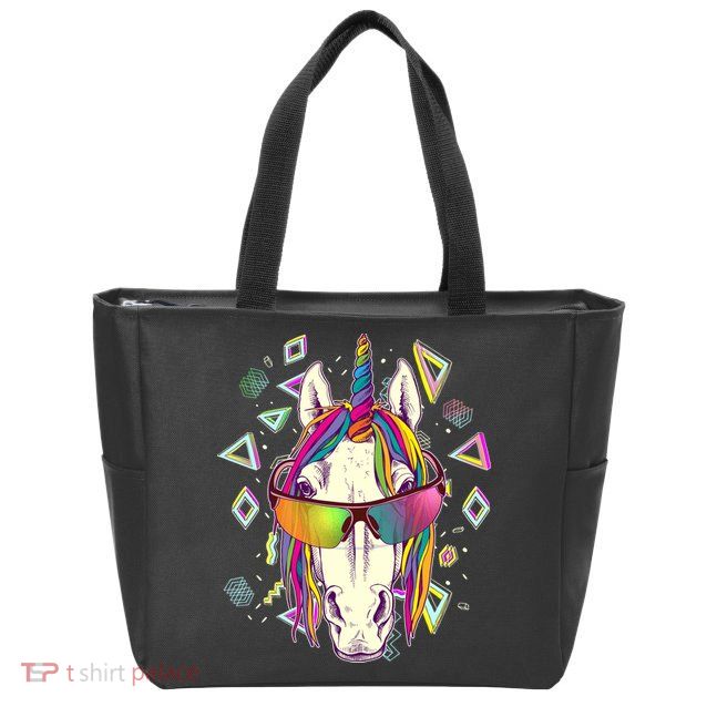 Retro 80's Eighties Rainbow Unicorn Zip Tote Bag