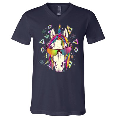 Retro 80's Eighties Rainbow Unicorn V-Neck T-Shirt