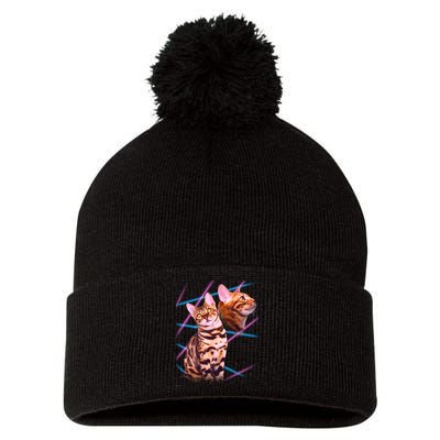 Retro 80s Eighties Lasers Double Exsposure Cat Pom Pom 12in Knit Beanie
