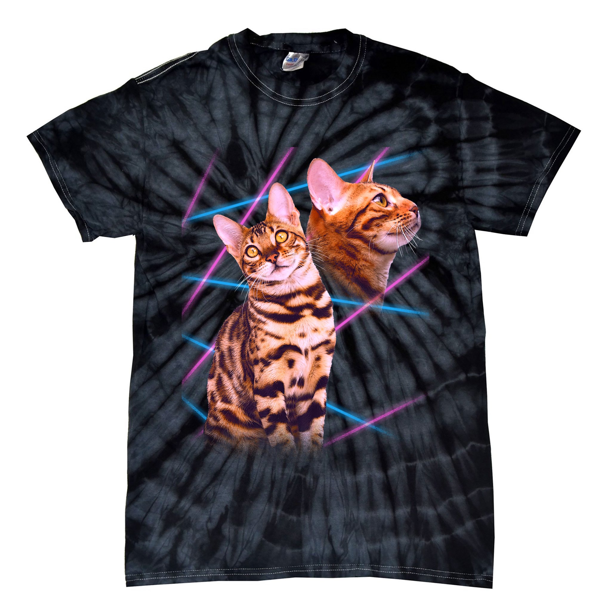 Retro 80s Eighties Lasers Double Exsposure Cat Tie-Dye T-Shirt