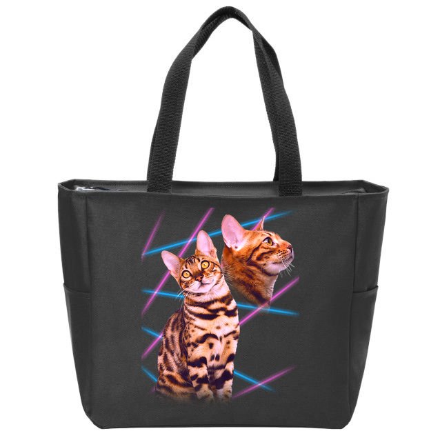 Retro 80s Eighties Lasers Double Exsposure Cat Zip Tote Bag