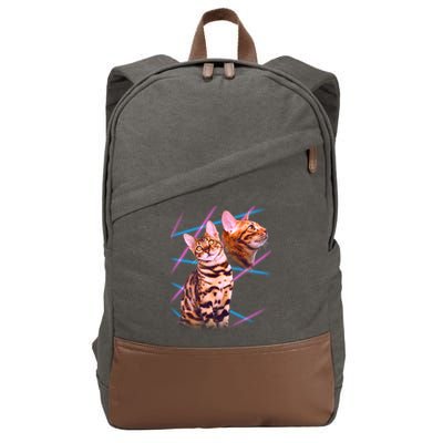 Retro 80s Eighties Lasers Double Exsposure Cat Cotton Canvas Backpack