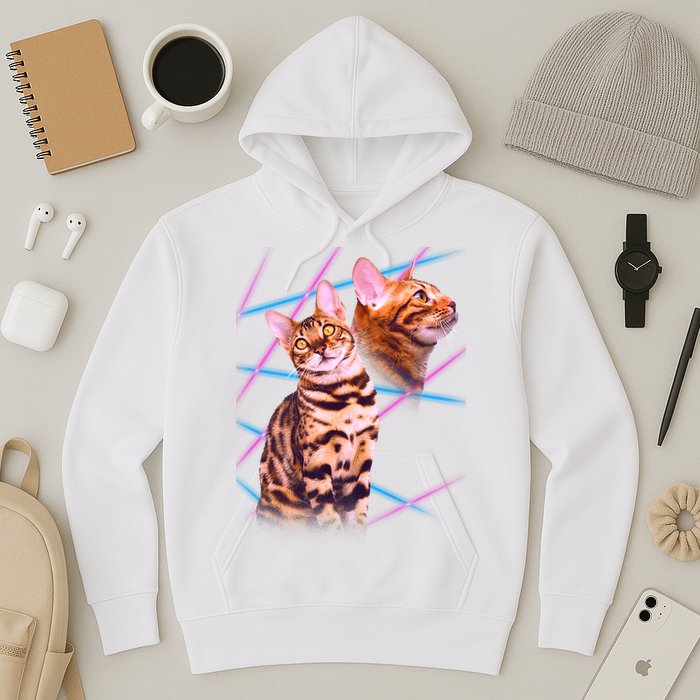 Retro 80s Eighties Lasers Double Exsposure Cat Hoodie