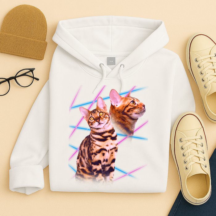 Retro 80s Eighties Lasers Double Exsposure Cat Hoodie