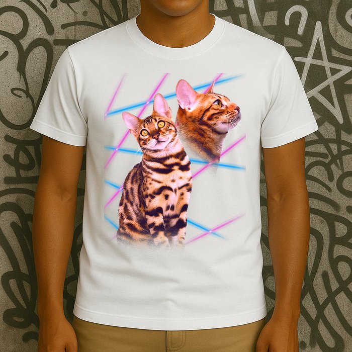 Retro 80s Eighties Lasers Double Exsposure Cat T-Shirt
