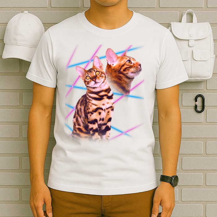 Retro 80s Eighties Lasers Double Exsposure Cat T-Shirt