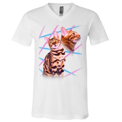 Retro 80s Eighties Lasers Double Exsposure Cat V-Neck T-Shirt