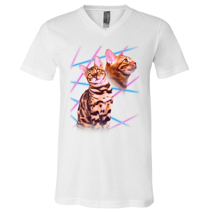 Retro 80s Eighties Lasers Double Exsposure Cat V-Neck T-Shirt