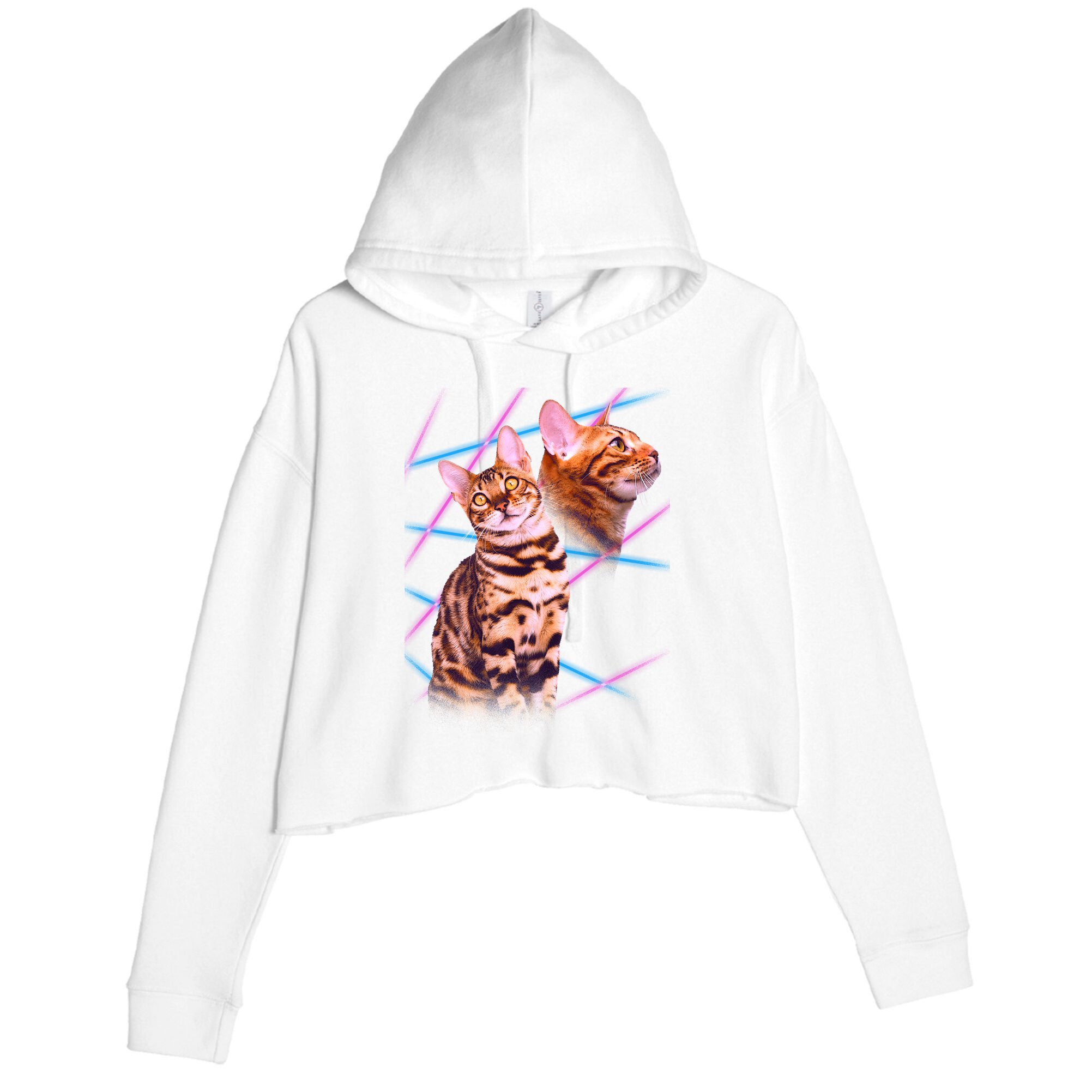 Retro 80s Eighties Lasers Double Exsposure Cat Crop Fleece Hoodie